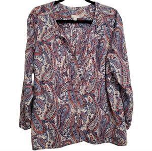 J. JILL Women's Large button-up paisley pintuck bodice boho hippie blouse top